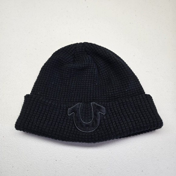 True Religion Men Beanie ONE SIZE Black Embroidered Logo Foldover - Picture 1 of 8
